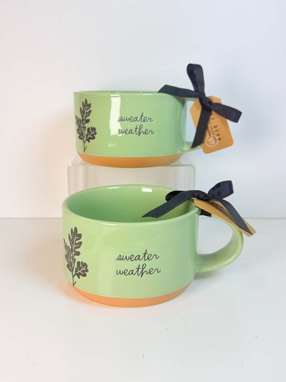 Rae Dunn Sweater Weather Green Fall Coffee Mugs Set of 2 Leaf NWT
